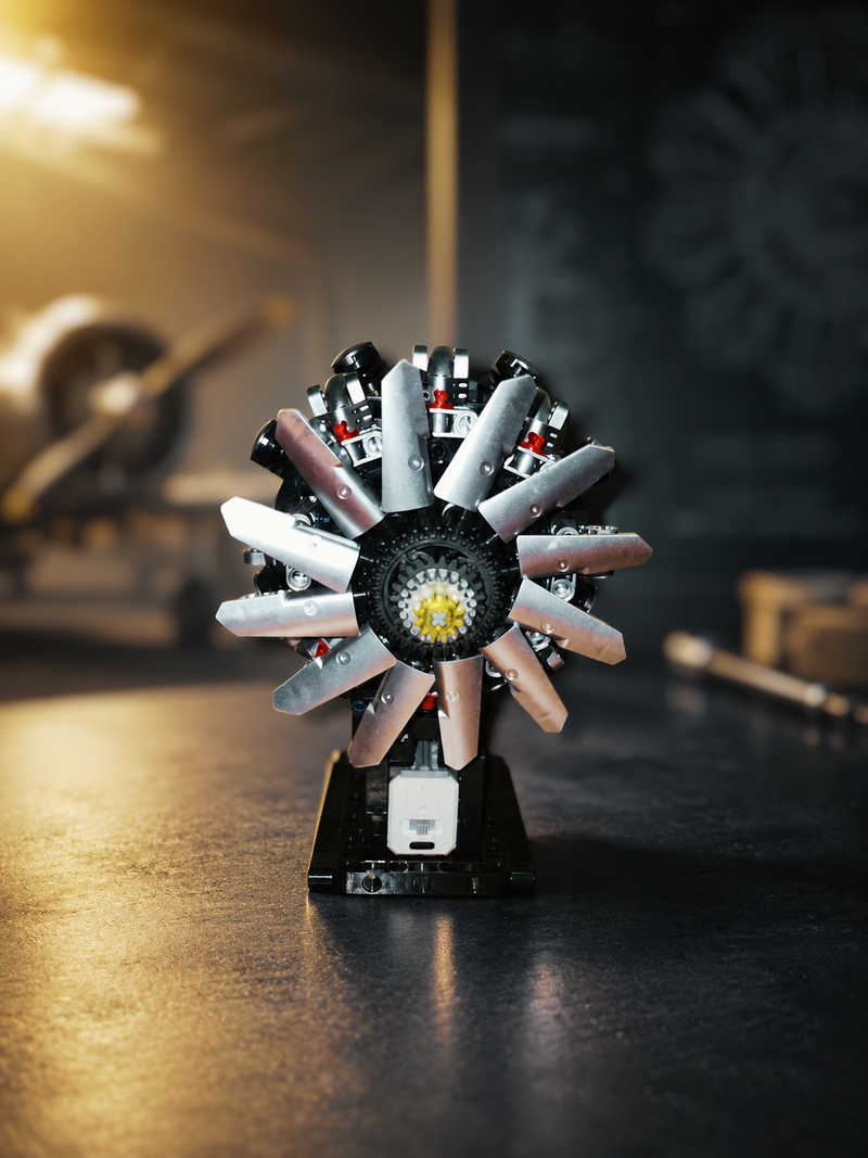 Radial engine model kit displayed in a workshop setting for Genesis AeroLab upcoming aviation engineering build