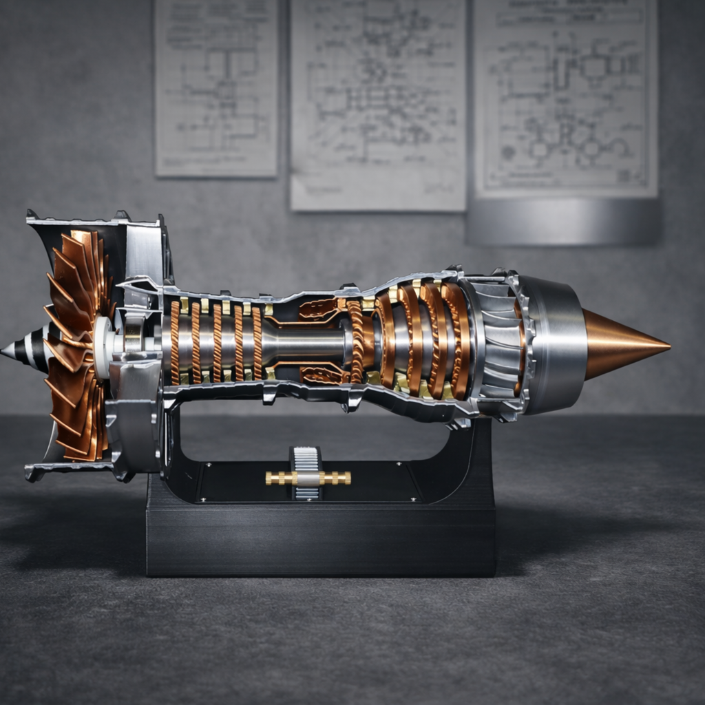 Trent 900 turbofan engine model kit with detailed fan blades and internal compressor system on display stand