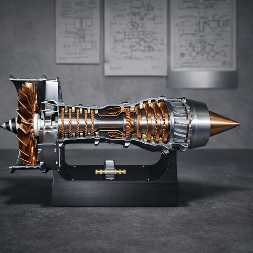 Trent 900 turbofan engine model kit with detailed fan blades and internal compressor system on display stand