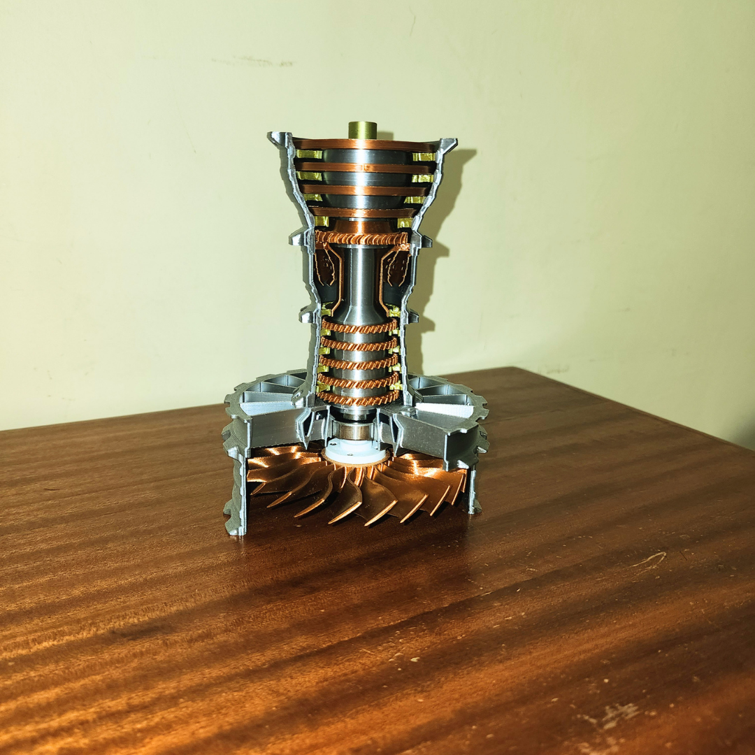 Vertical view of Trent 900 engine model cutaway showing internal airflow path and compressor stages