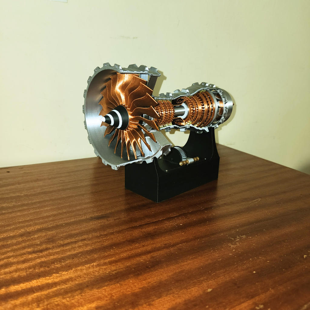 Angled Trent 900 turbofan engine model on stand highlighting fan blades and internal structure