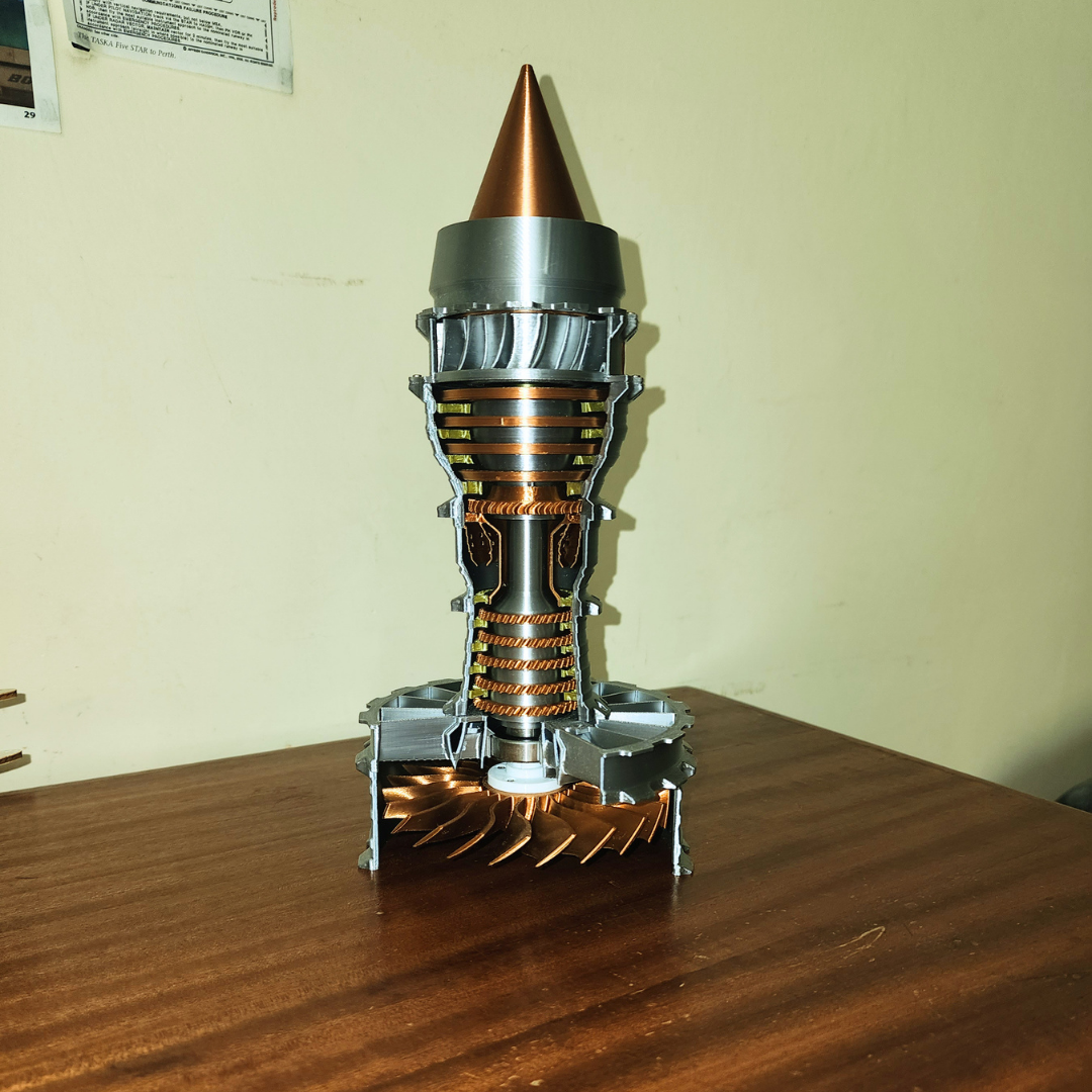 Fully assembled Trent 900 engine model standing upright showing fan, compressor and nose cone