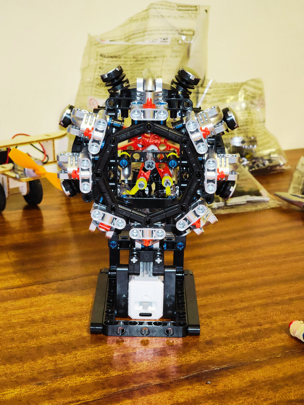 Front internal view of completed radial engine model kit showing cylinder arrangement and mechanical linkage