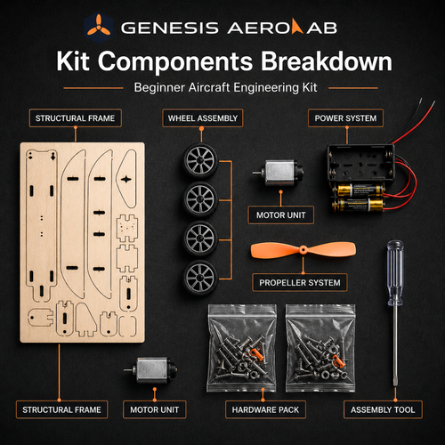 Beginner aircraft engineering kit components including wooden frame, motor unit, wheels, propeller and hardware pack