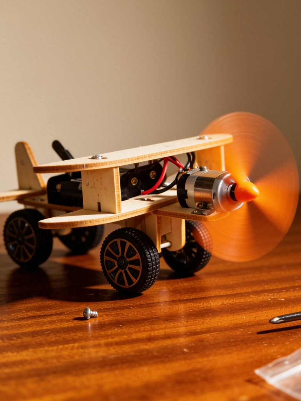 Motorized wooden biplane model kit on engineering workbench with tools and aircraft blueprints in background